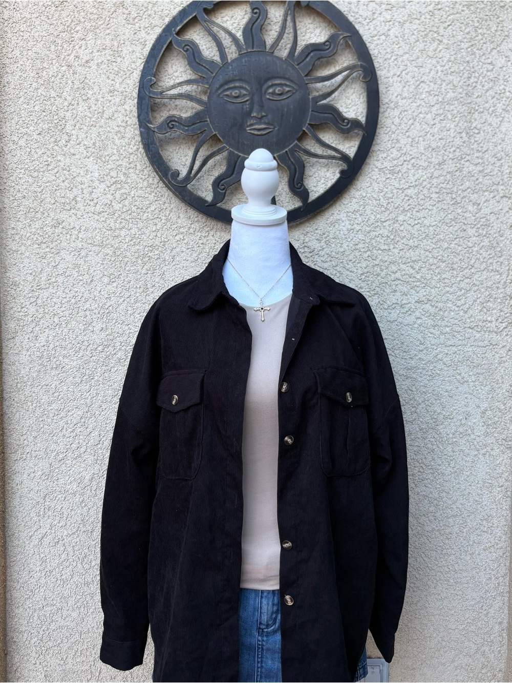 SHEIN Black Corduroy Button Up Long Sleeve Shacket Top Fall Winter Cozy